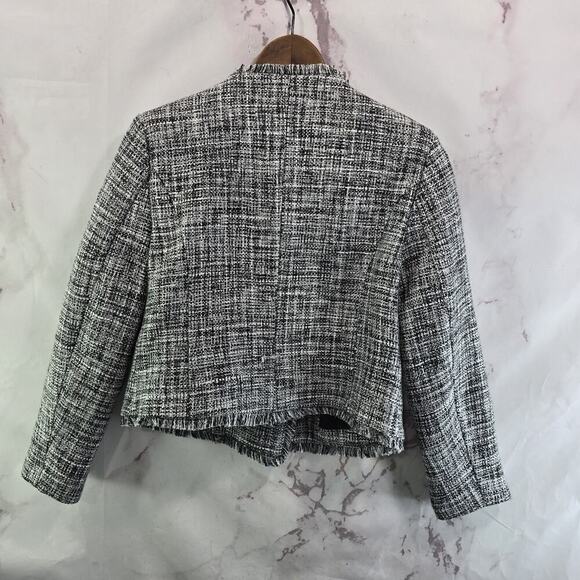 Anthropologie Blazer Women 4 P Black White Tweed Fringe Crop Boucle Pearl Maeve - Picture 5 of 13